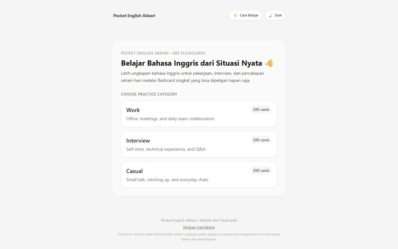 Halaman utama Pocket English dengan pilihan kategori Work, Interview, dan Casual.