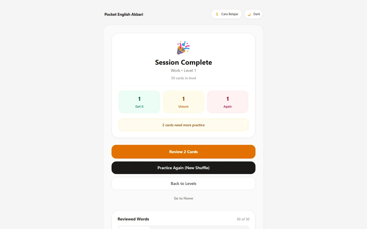 Halaman evaluasi hasil sesi belajar dengan rincian distribusi pemahaman.