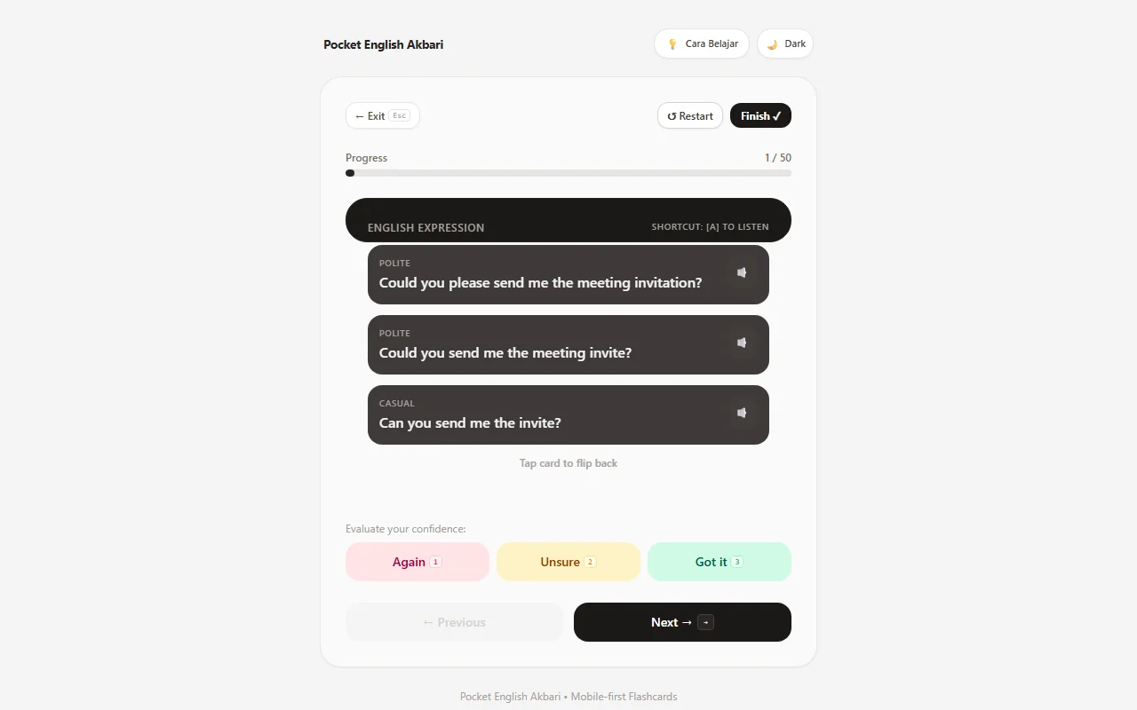Sisi belakang flashcard dengan ungkapan Formal, Polite, dan Casual serta audio TTS.