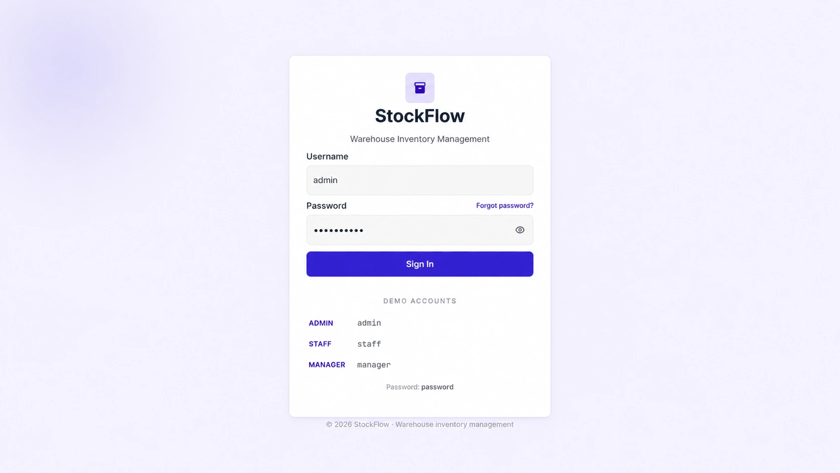 Halaman login StockFlow dengan masker privasi pada kolom password.