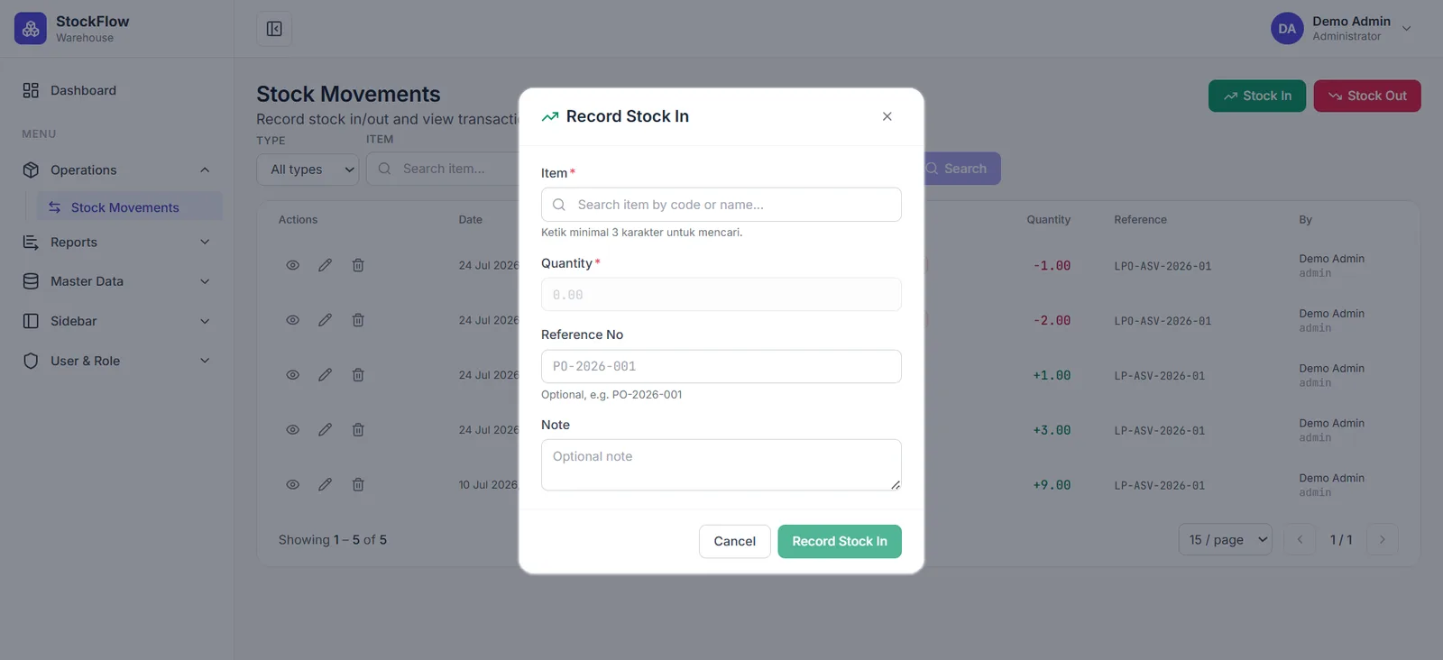 Formulir Stock IN StockFlow dengan field item dan quantity.